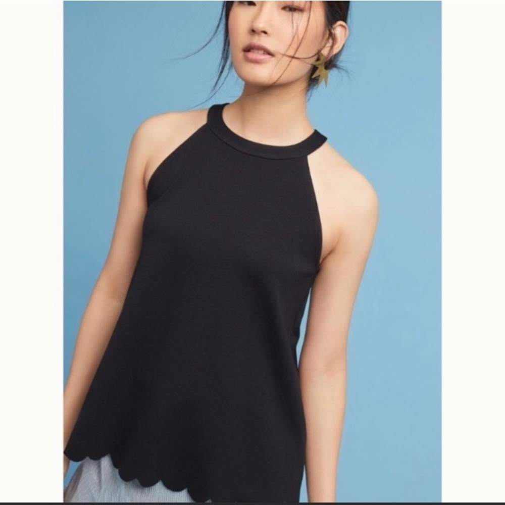 eri + ali Scalloped Halter Keyhole Back Sleeveless Black Top Size Small